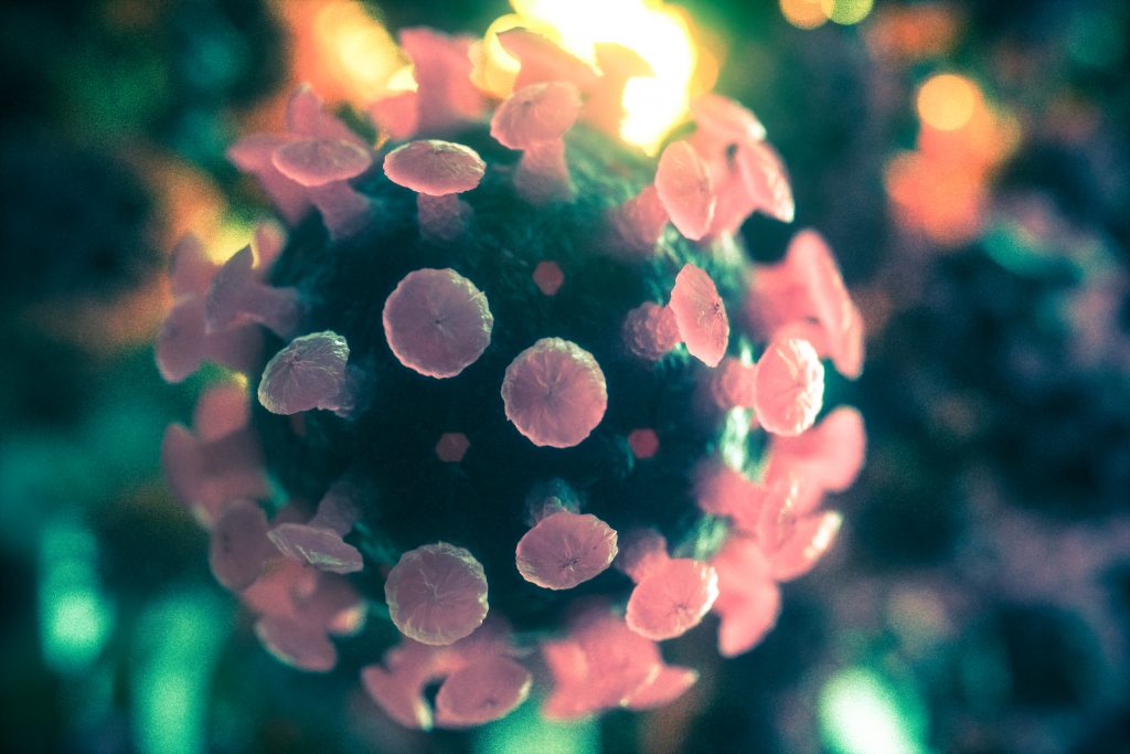 3D Abbildung des Coronavirus in Grün- und Rosétönen.