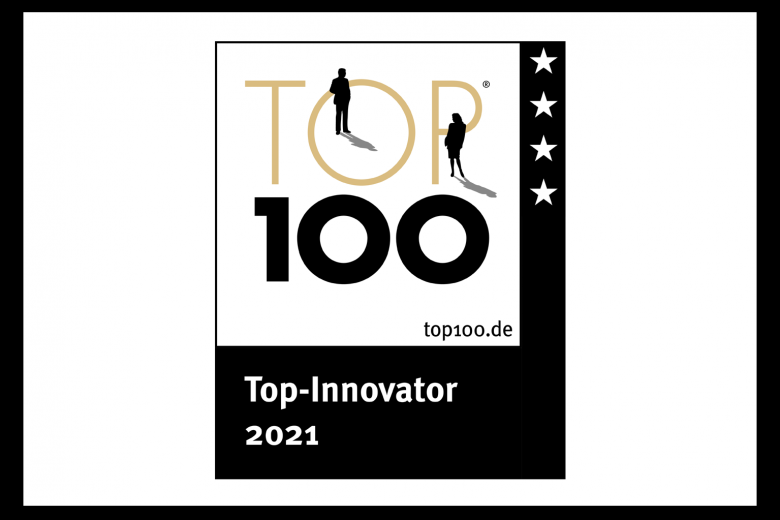 Logo der Top 100 Auszeichnung Top-Innovator 2021 mit 4 Sternen für 4-malige Teilnahme von Labor Berlin.