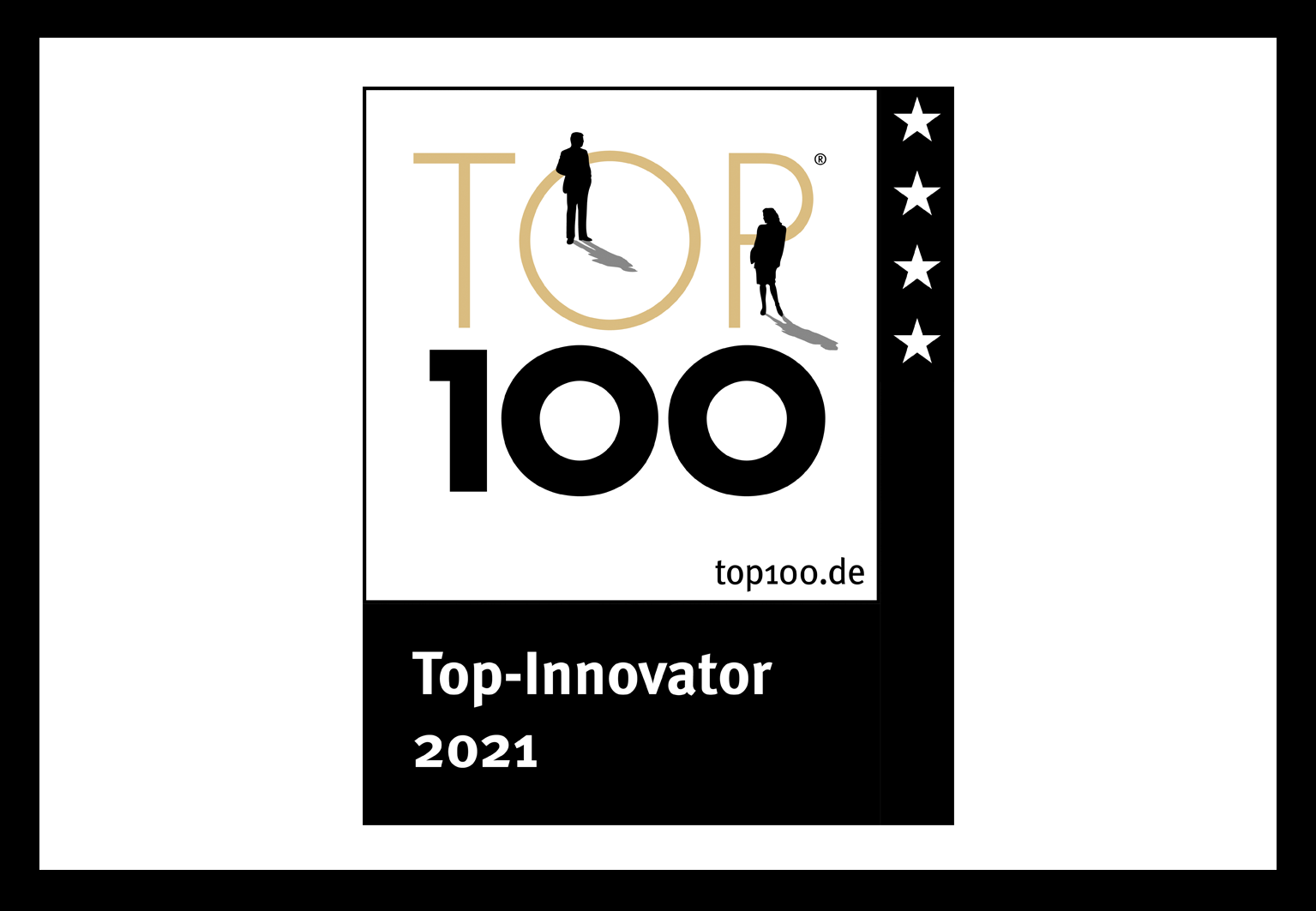 Logo der Top 100 Auszeichnung Top-Innovator 2021 mit 4 Sternen für 4-malige Teilnahme von Labor Berlin.