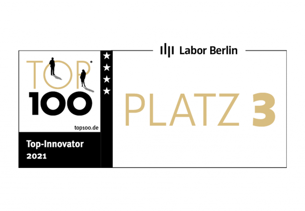 Startbild des Videos „Auszeichnungfilm Top 100 2021“. Logo Labor Berlin, Logo Top 100, Text Platz 3.
