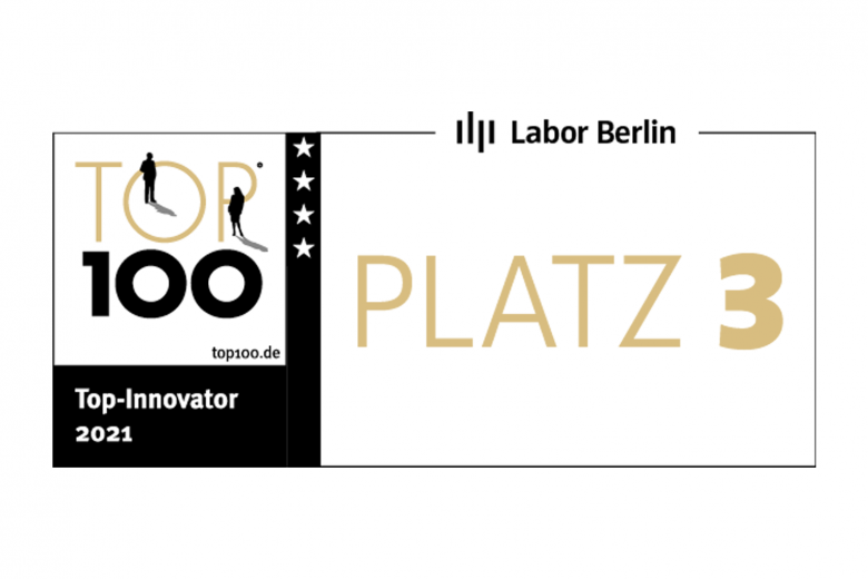 Startbild des Videos „Auszeichnungfilm Top 100 2021“. Logo Labor Berlin, Logo Top 100, Text Platz 3.