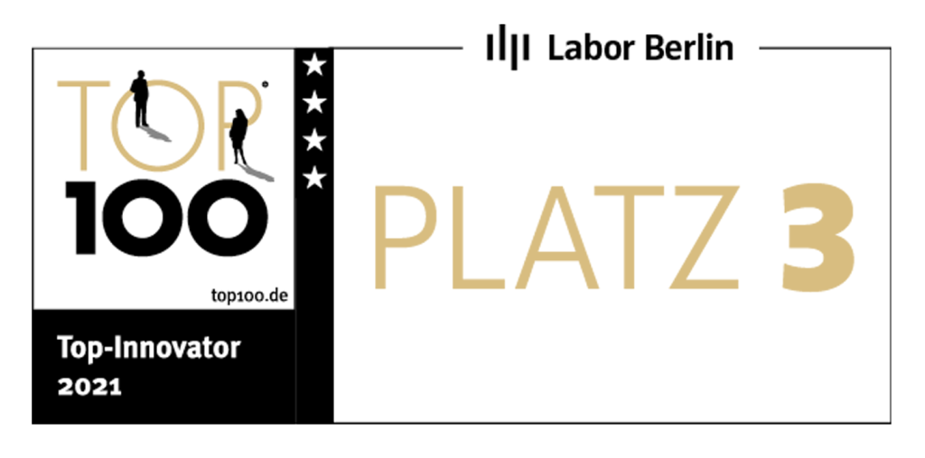 Startbild des Videos „Auszeichnungfilm Top 100 2021“. Logo Labor Berlin, Logo Top 100, Text Platz 3.